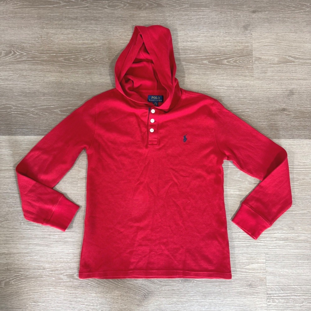 Polo Ralph Lauren Thermal Hoodie Youth L Red Waffle‎ Knit Long Sleeve Pony Logo